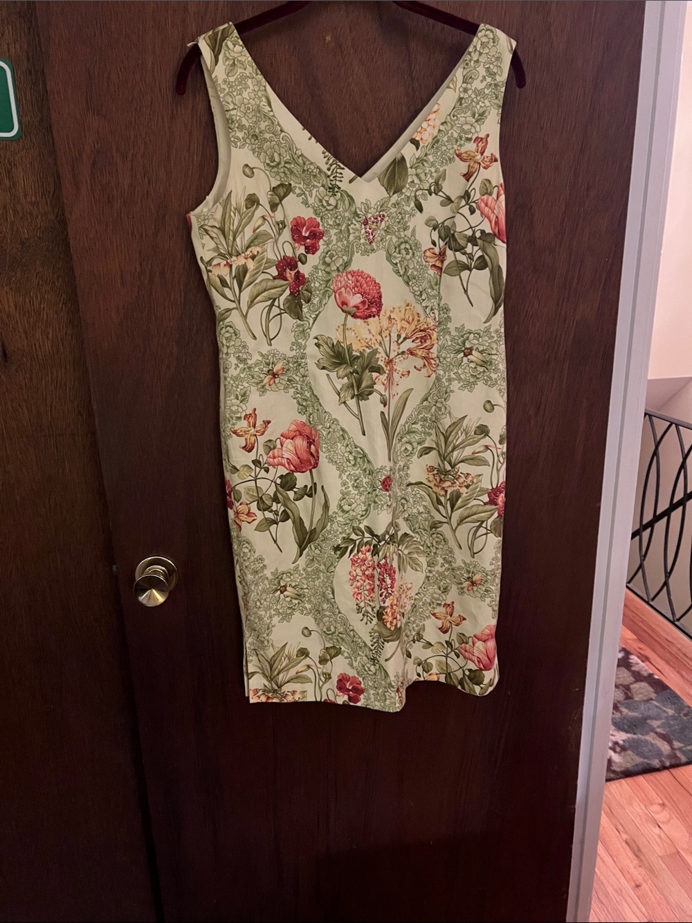 Talbots floral
 V-Neck Sleeveless Sheath Dress in Cream and Green with beads
